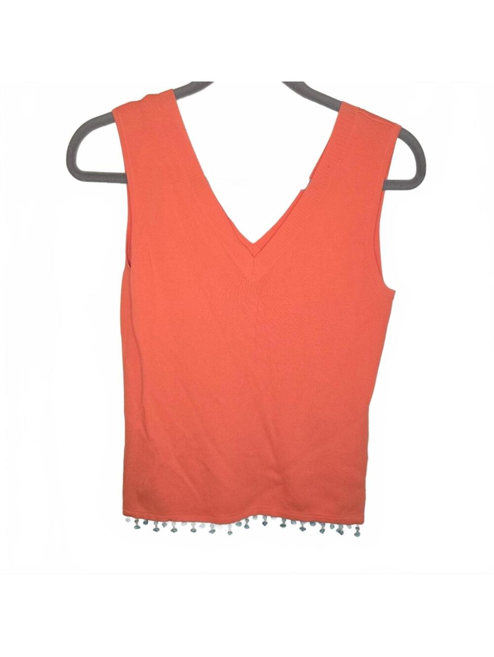 Joseph A. Orange Sleeveless V-Neck Top with Beaded Hem, Size S